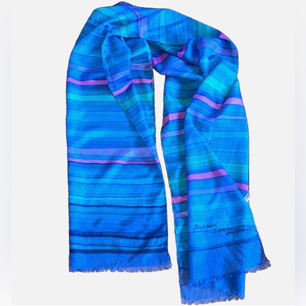 Vintage Jayakar Paris 100% Silk Scarf Signed Blue Purple Striped Oblong France